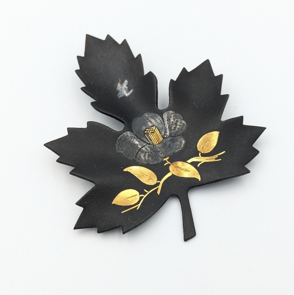 Jewelry - Vintage Amita Japanese Damascene Maple Leaf Brooch Pin Floral bird